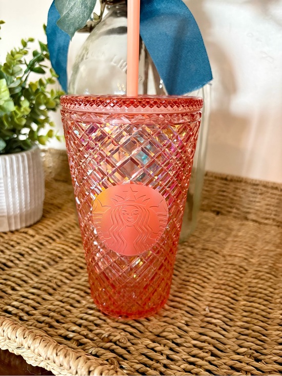 Starbucks Other - 2021 Starbucks Coral Pink Iridescent Diamond Tumbler with Straw